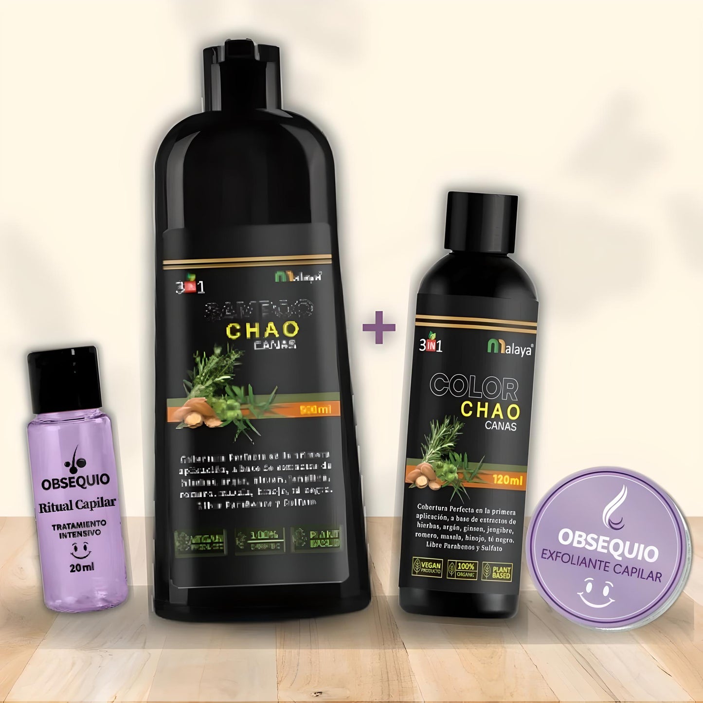 Kit perfecto Shampoo CHAO CANAS con aceite de tratamiento. Compra y gana regalos 🎁