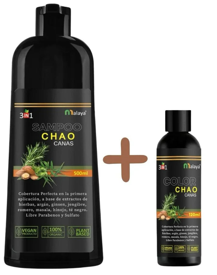 Kit perfecto Shampoo CHAO CANAS con aceite de tratamiento. Compra y gana regalos 🎁